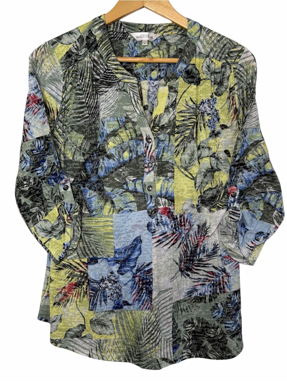 Northern Reflections Tropical Floral Patchwork Print Blouse L